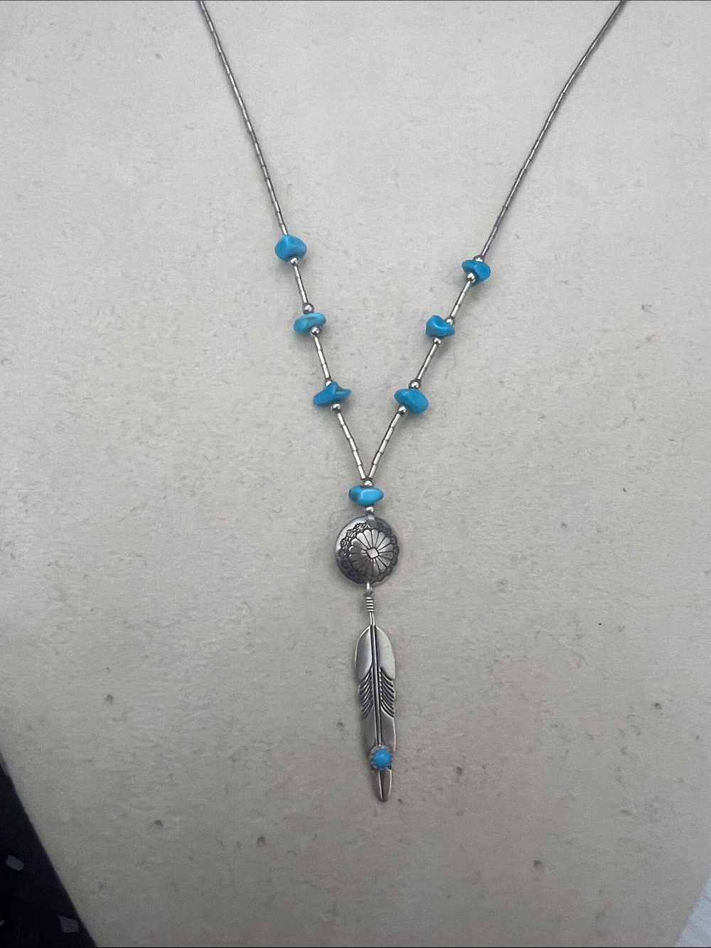 Sterling has Silver Feather Pendant Necklace with Turquoise Beads